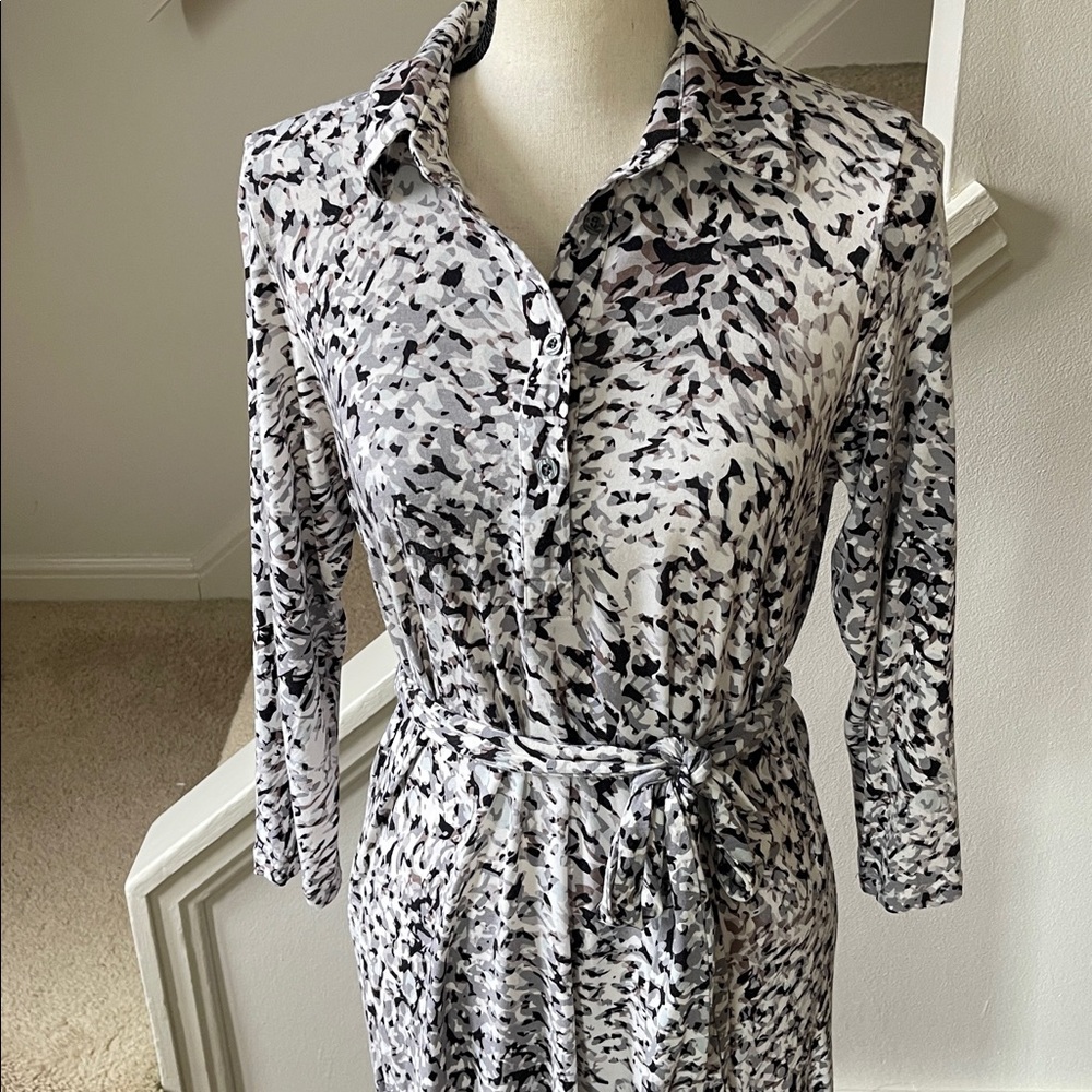 CAbi Black and White Abstract Print Jersey Knit 3/4 Sleeve Shirt Dress M - Picture 4 of 13
